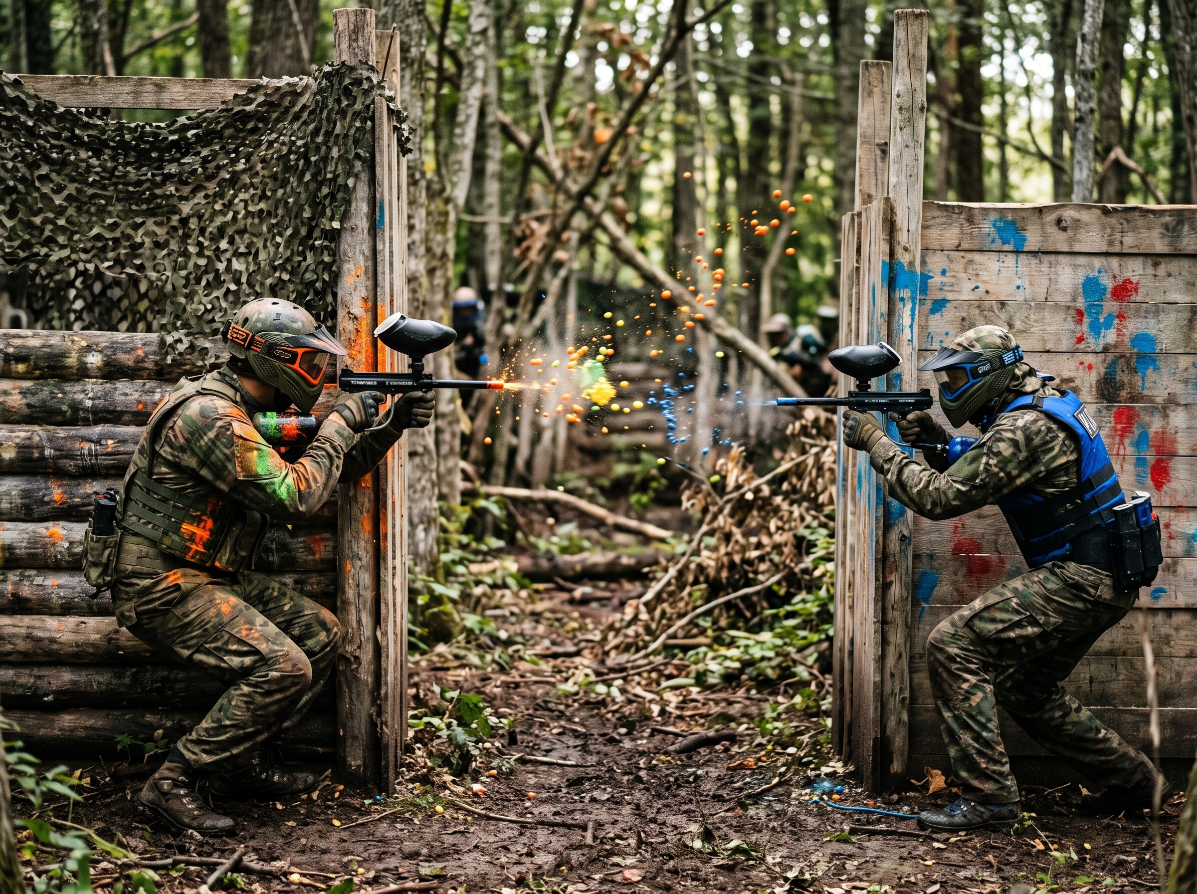 Deux joueurs de paintball en duel derrière des bunkers opposés