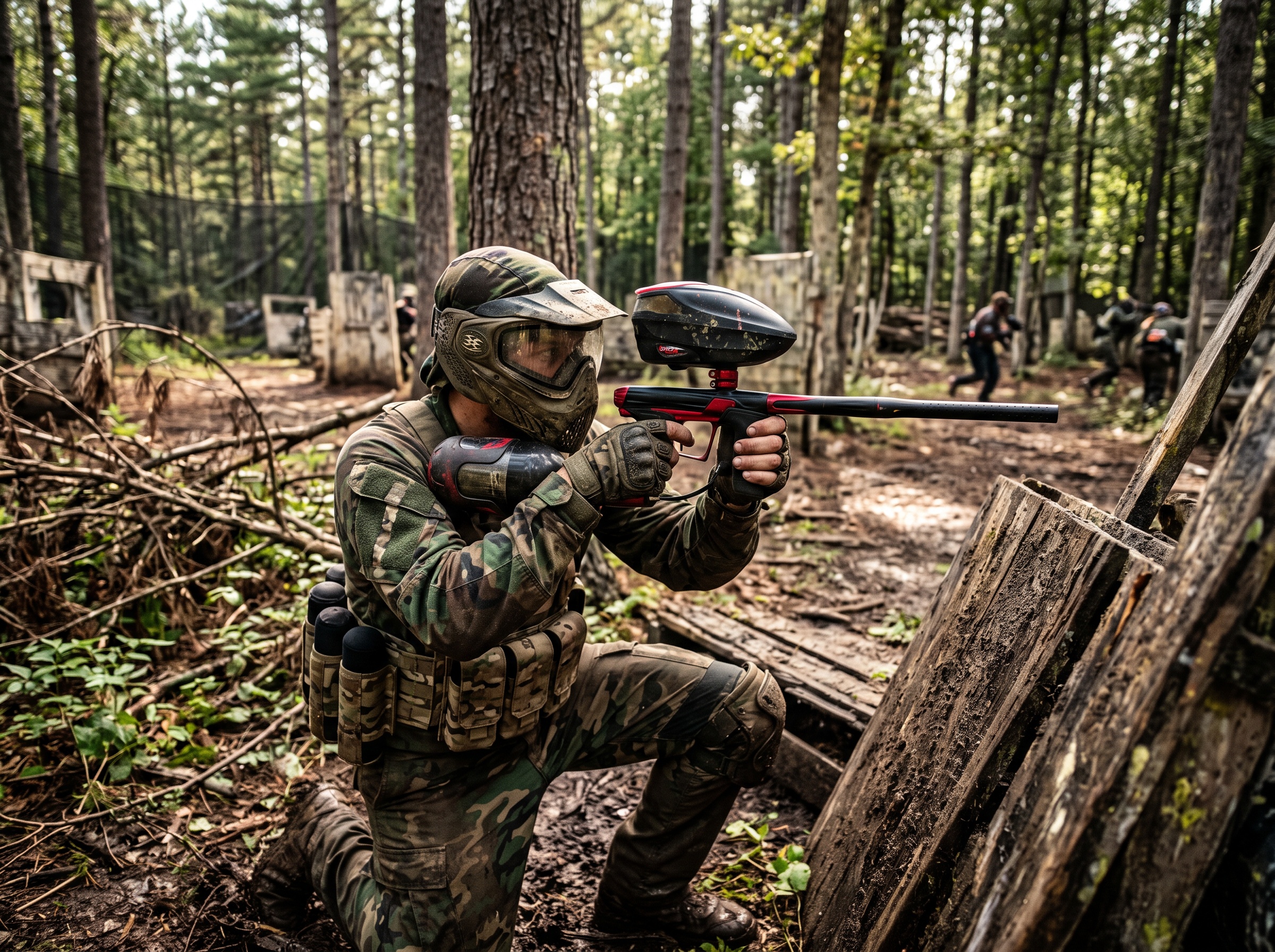 Joueur visant avec son marqueur de paintball
