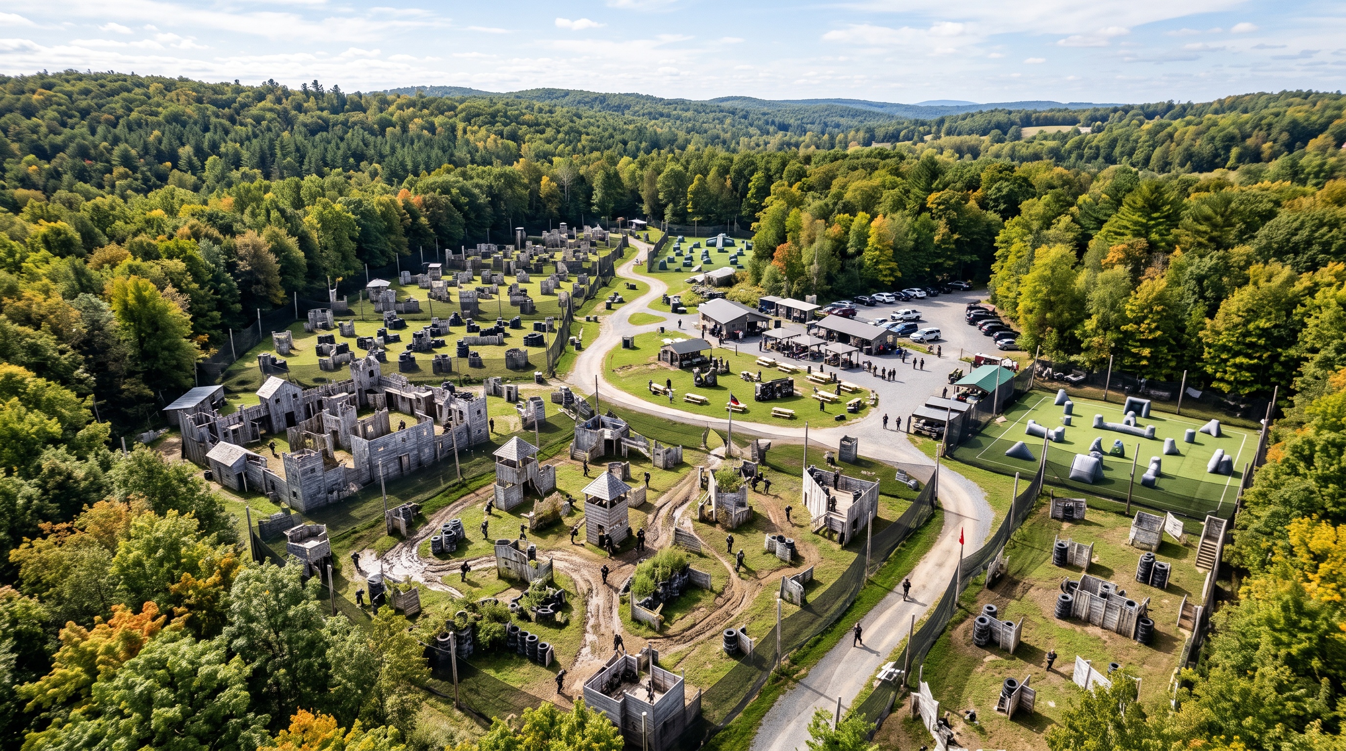 Vue d'ensemble du complexe de paintball Perorivantis avec ses trois terrains