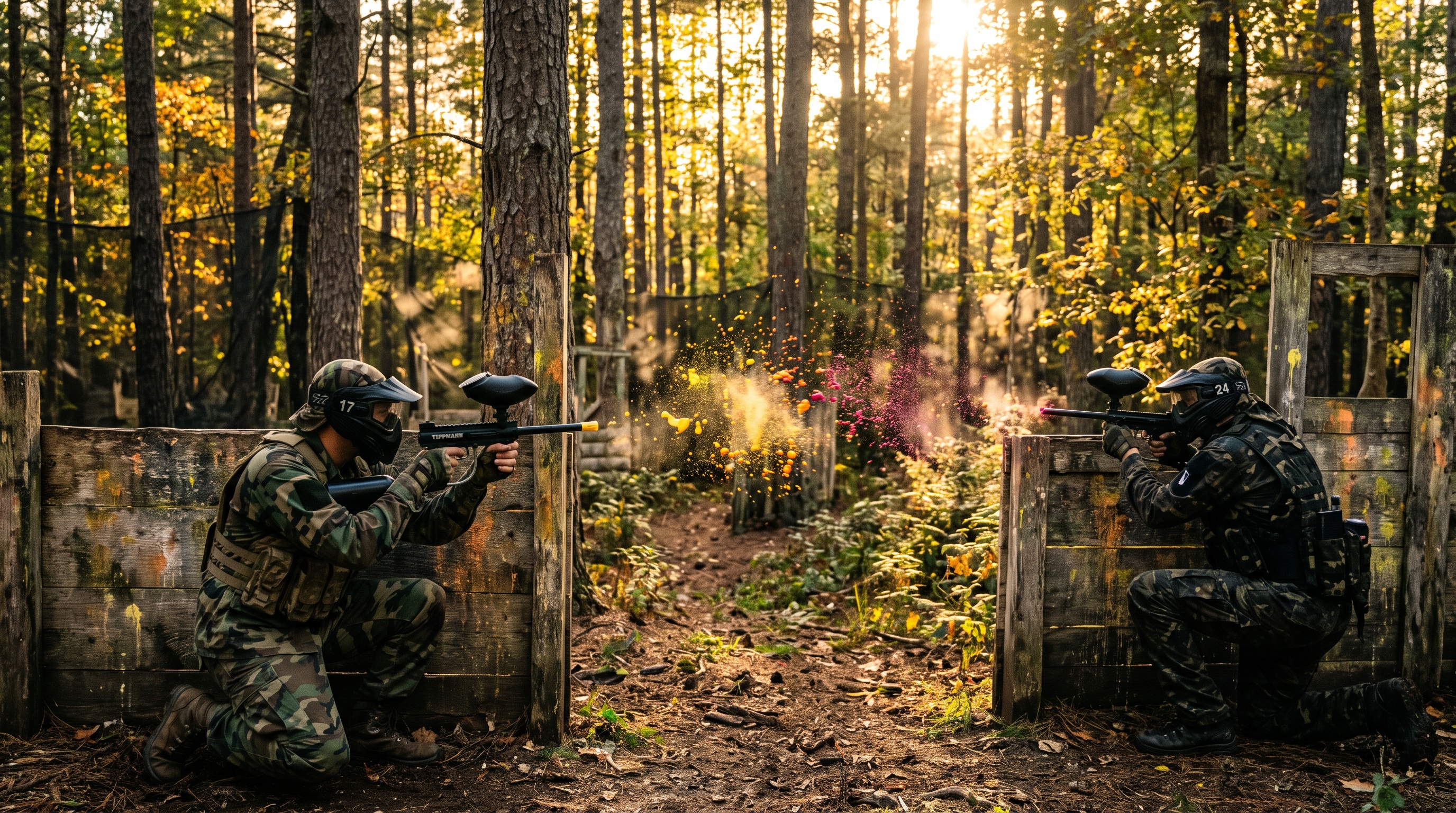 Joueurs de paintball en action dans la forêt, éclaboussures de peinture colorées