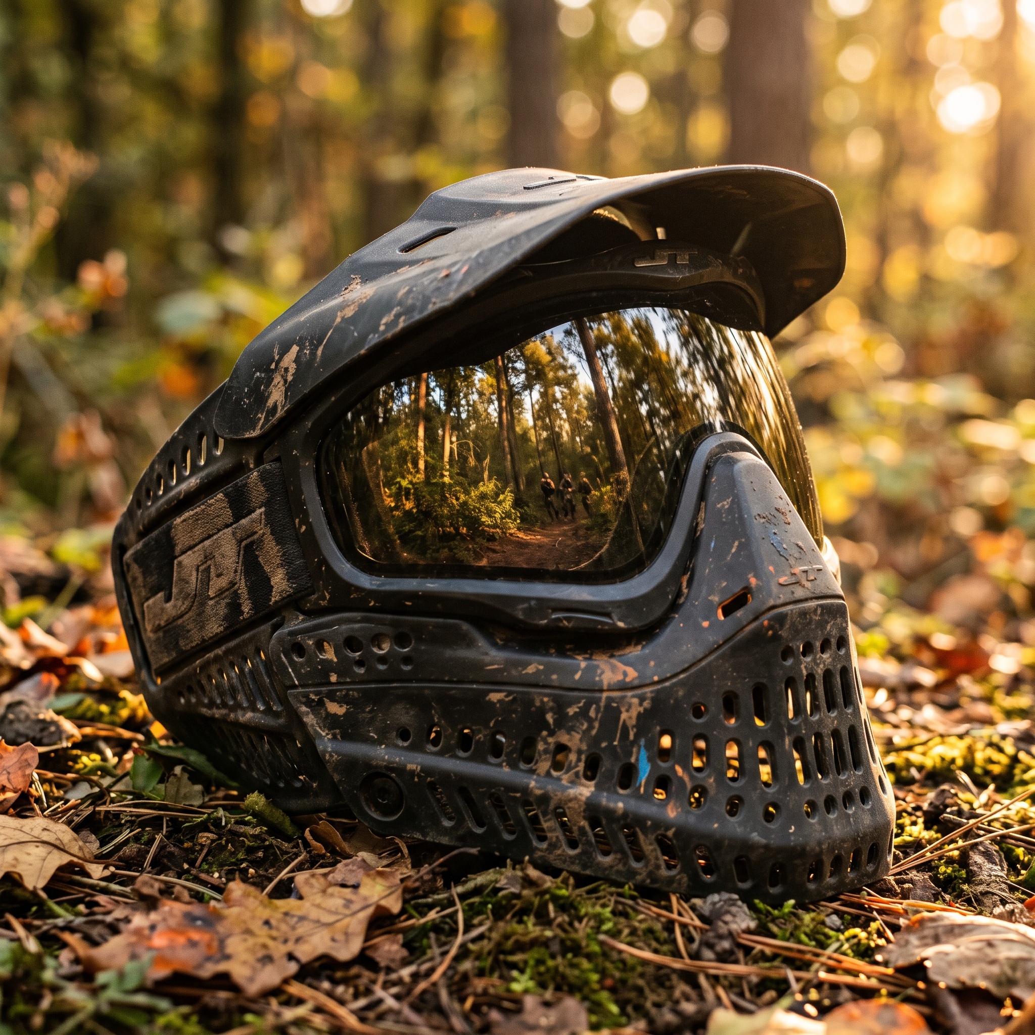 Gros plan sur un masque de protection de paintball reflétant le terrain