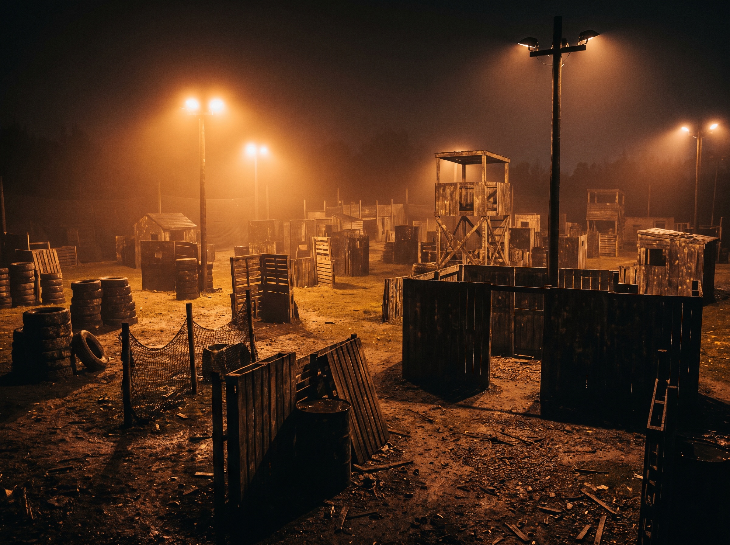 Terrain de paintball éclairé de nuit par des projecteurs ambrés