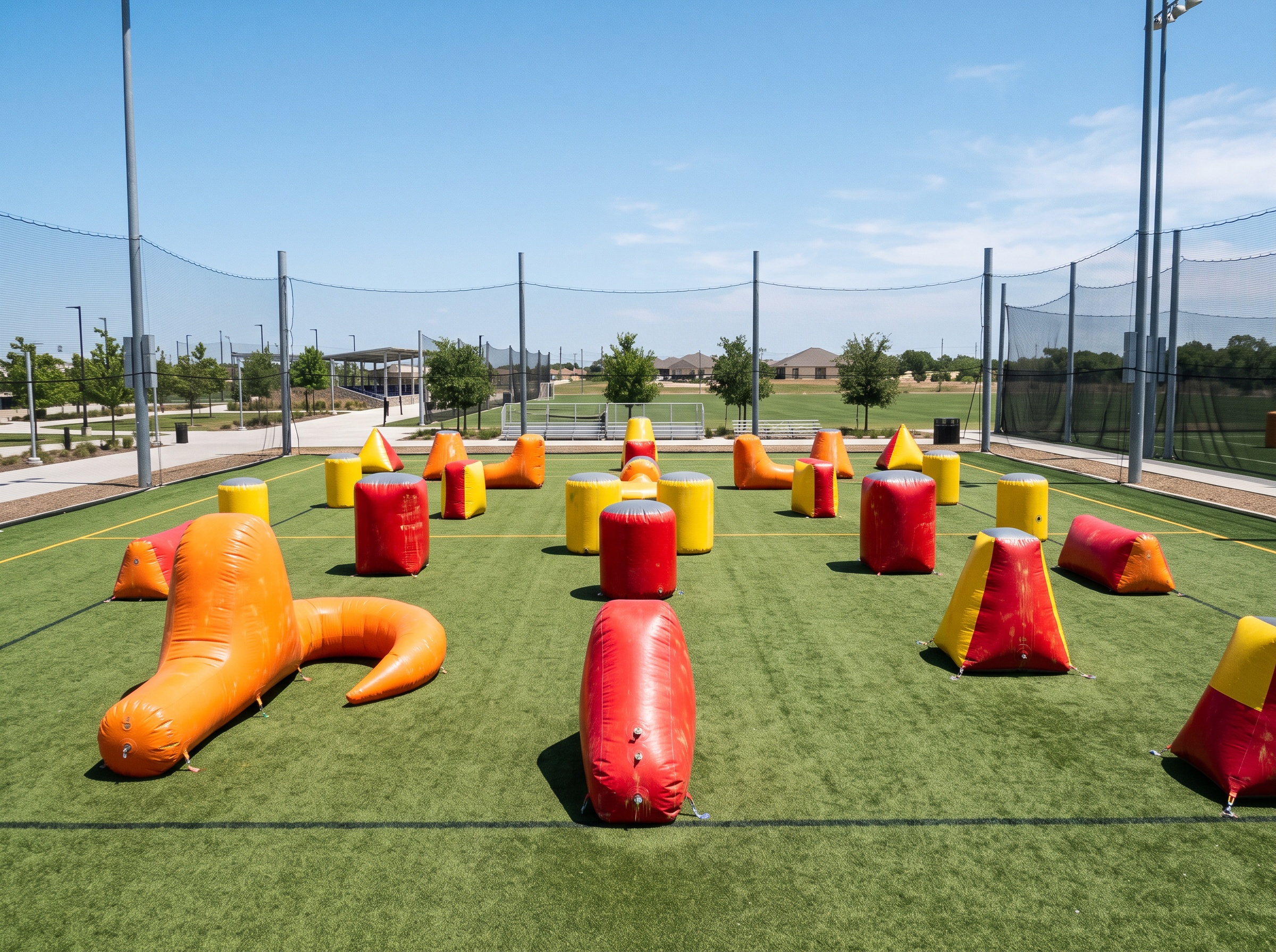 Terrain speedball avec bunkers gonflables colorés de Perorivantis