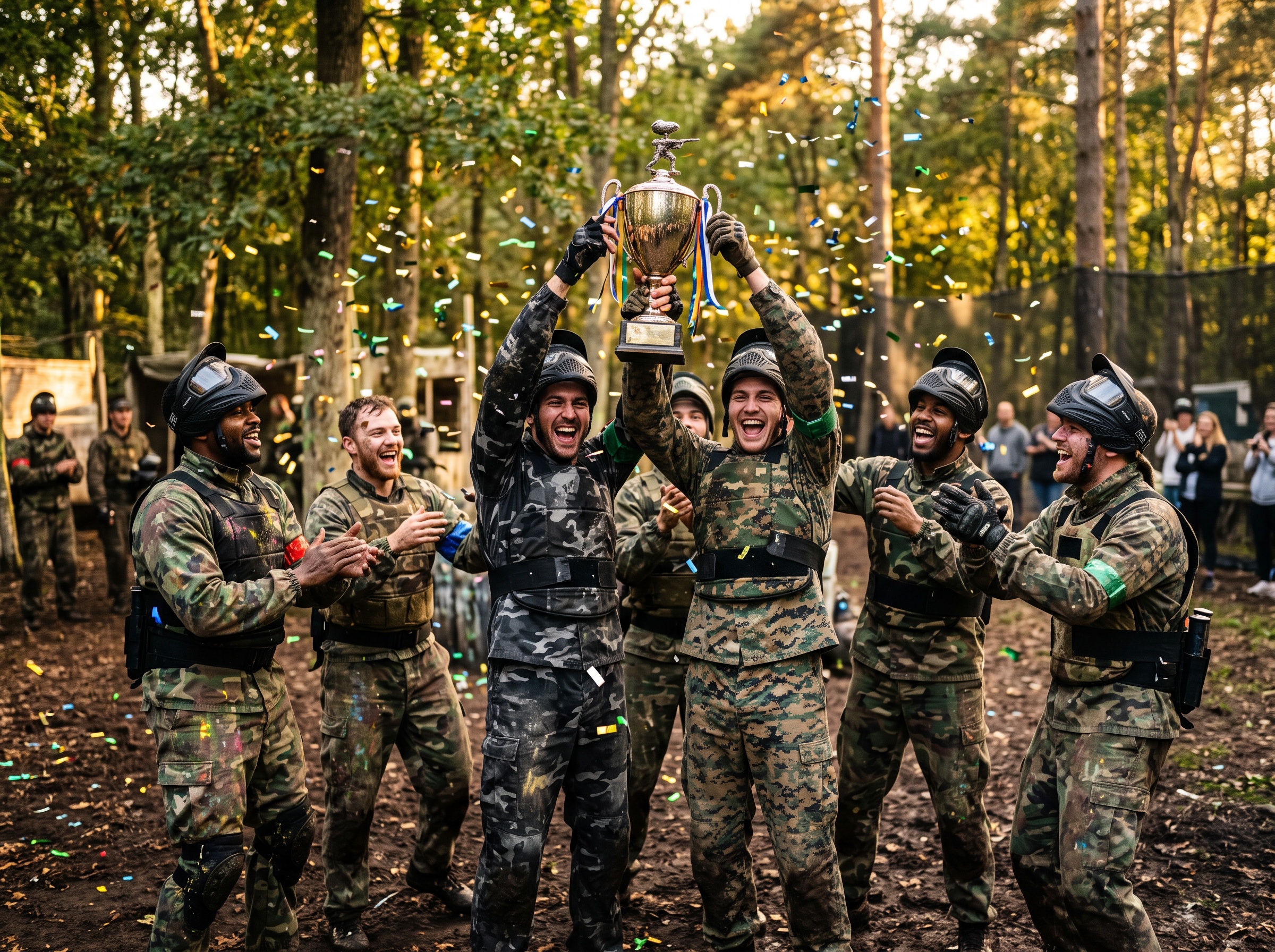 Équipe de paintball célébrant une victoire en tournoi